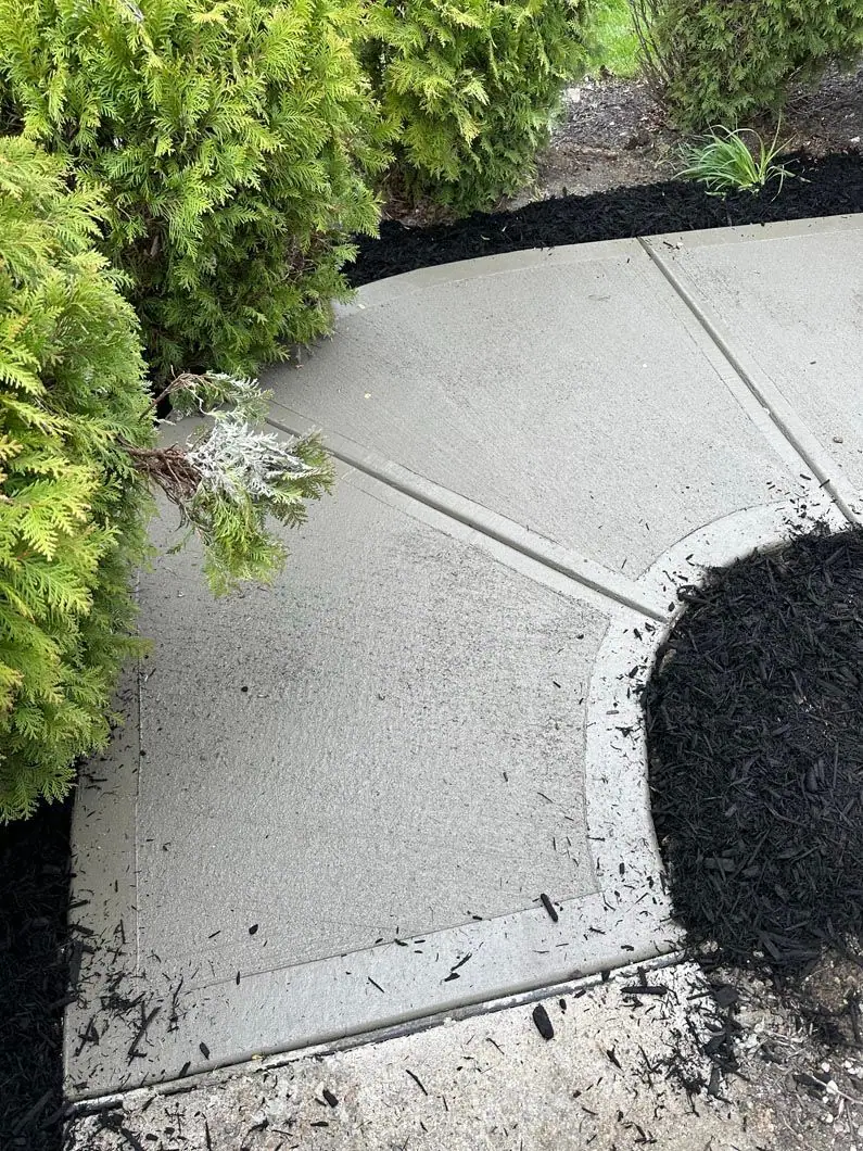 Curved concrete walkway edged with fresh mulch