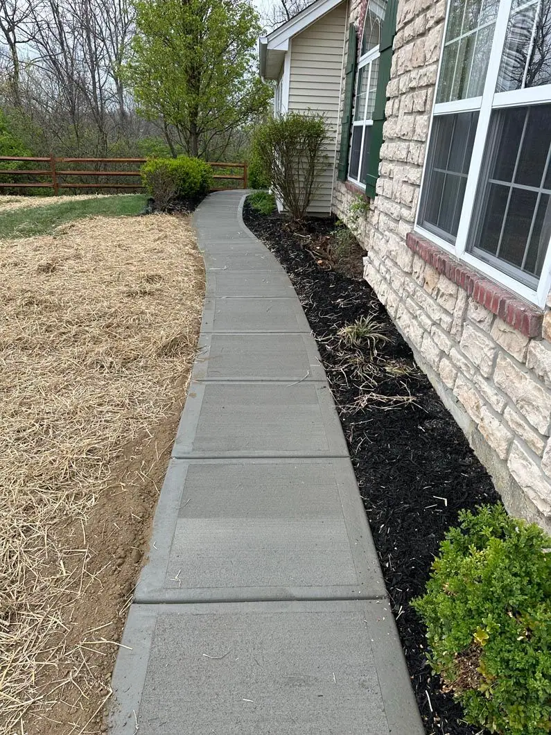 Narrow concrete walkway running along the side of a home